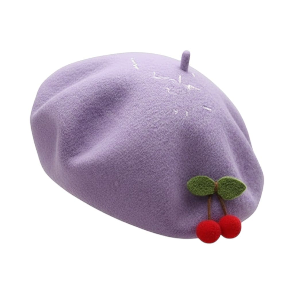 Le Comptoir du Chapeau Violet Clair Béret Basque Cerise Brodée Femme Hiver
