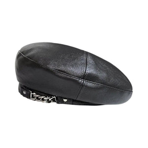 Le Comptoir du Chapeau Noir Béret Cuir Chaîne Métal Punk