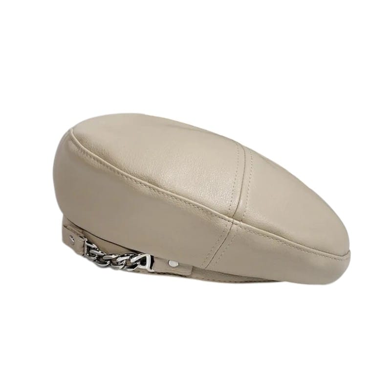 Le Comptoir du Chapeau Beige Béret Cuir Chaîne Métal Punk