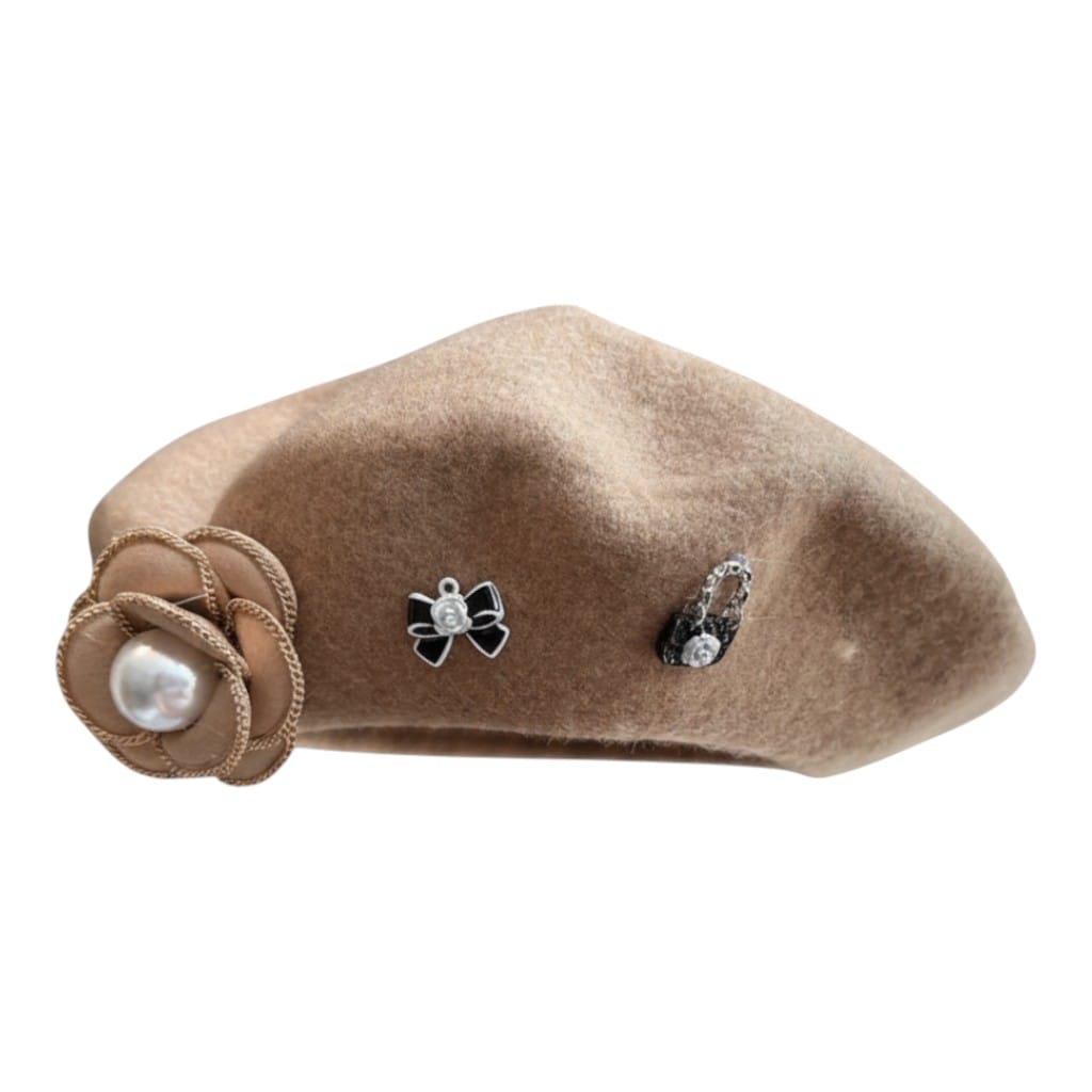 Le Comptoir du Chapeau Marron Clair Béret Feutre Fleur Designer Femme