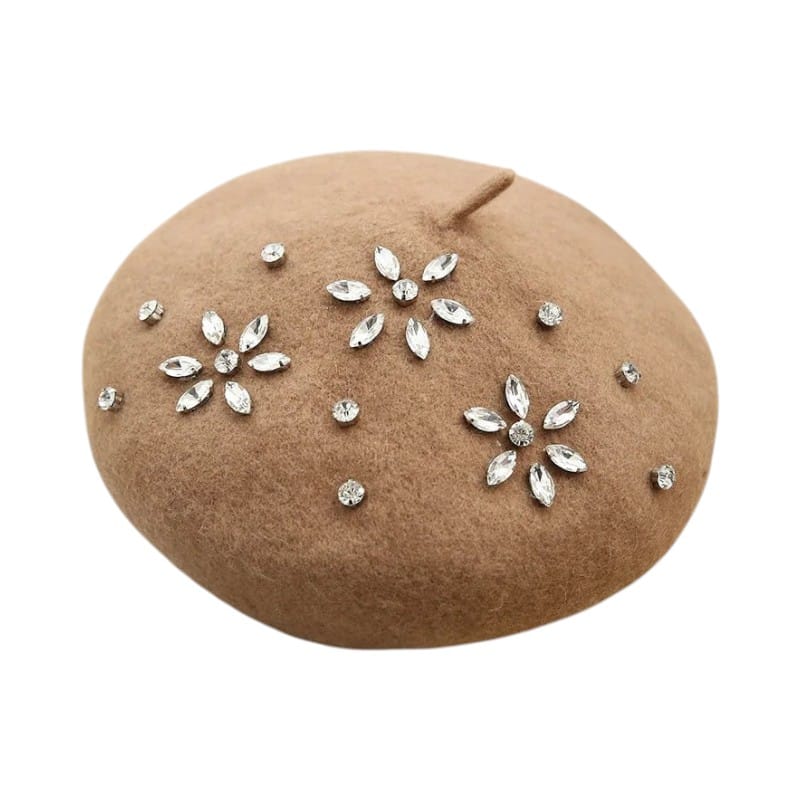 Le Comptoir du Chapeau Marron Clair Béret Laine Femme Strass Décoratif