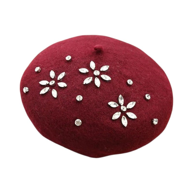 Le Comptoir du Chapeau Bordeaux Béret Laine Femme Strass Décoratif Image