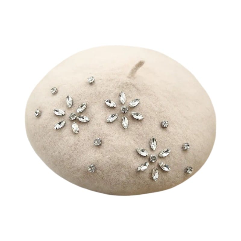 Le Comptoir du Chapeau Beige Béret Laine Femme Strass Décoratif