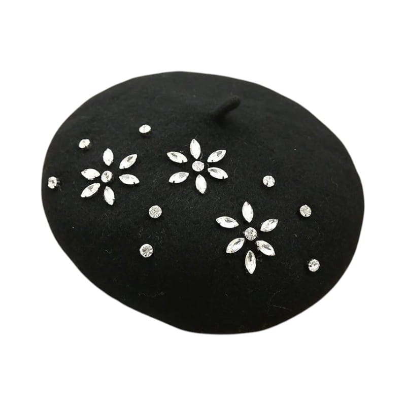 Le Comptoir du Chapeau Noir Béret Laine Femme Strass Décoratif