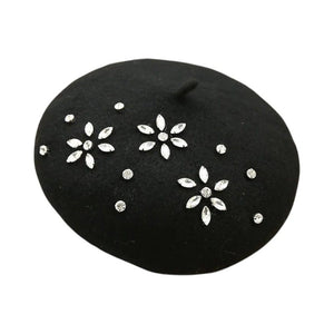 Le Comptoir du Chapeau Noir Béret Laine Femme Strass Décoratif