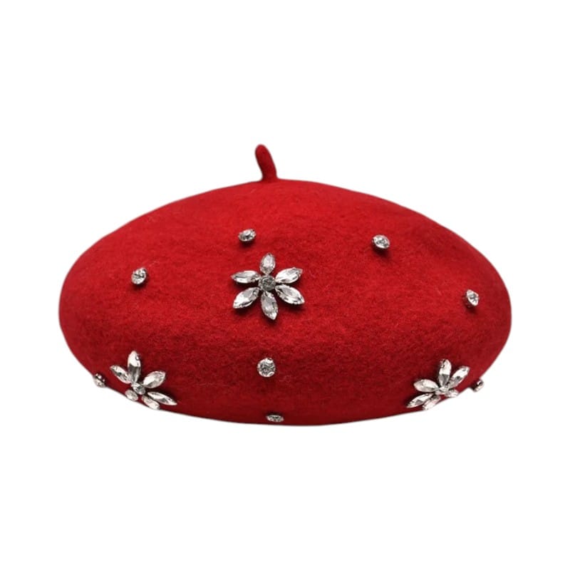 Le Comptoir du Chapeau Rouge Béret Laine Femme Strass Décoratif