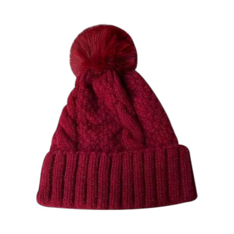 Le Comptoir du Chapeau Bordeaux Bonnet Pompom Fourrure Torsadé Hiver