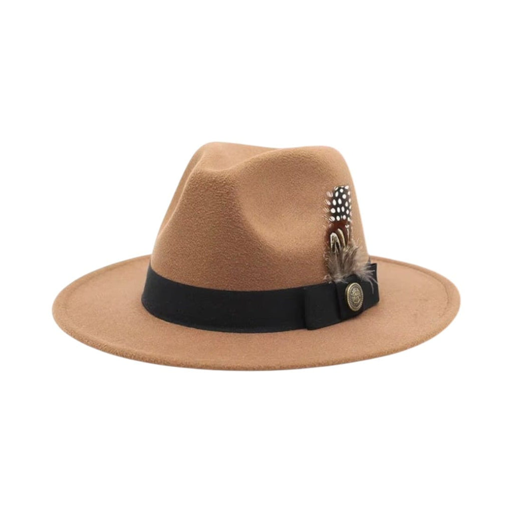 Le Comptoir du Chapeau Marron Clair / M (56-58cm) Chapeau Haut-de-Forme Fedora Plumes Fête