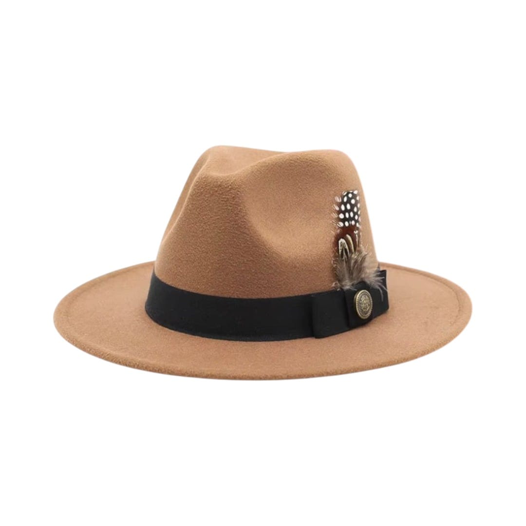 Le Comptoir du Chapeau Marron Clair / M (56-58cm) Chapeau Haut-de-Forme Fedora Plumes Fête